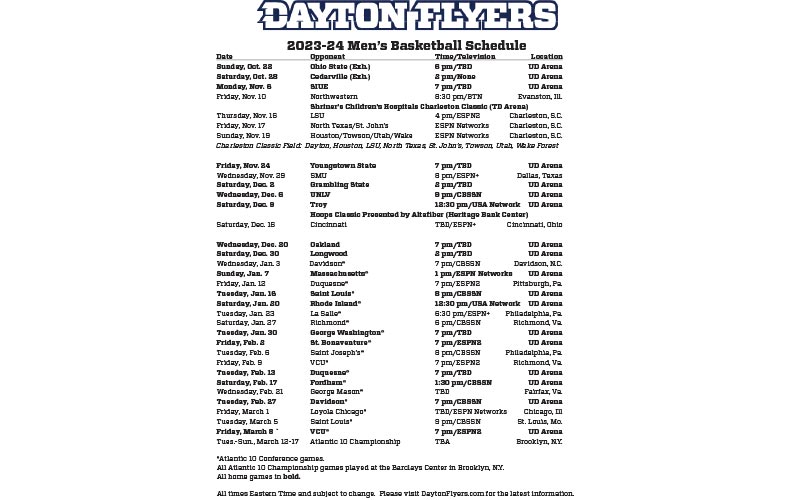 Dayton Flyers Men’s Basketball Schedule 2023