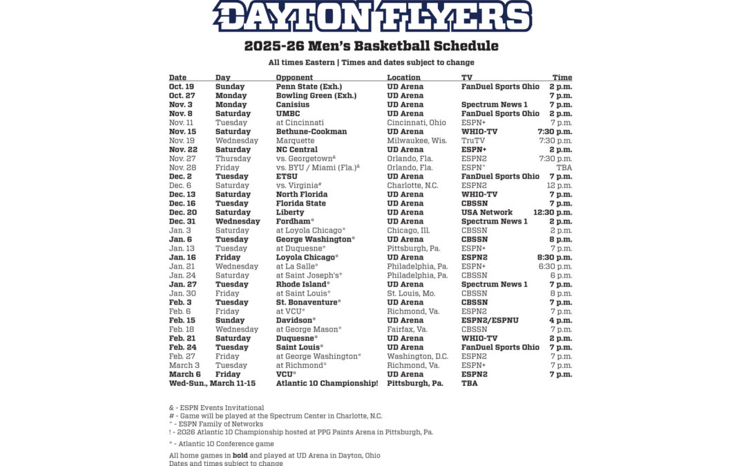 Dayton Flyers Men’s Basketball Schedule 2025-26