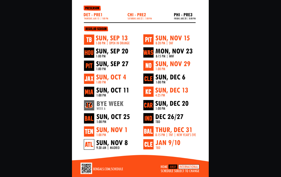 Cincinnati Bengals Schedule 2026