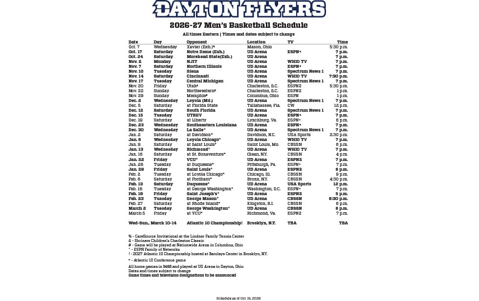 Dayton Flyers Men’s Basketball Schedule 2025-26